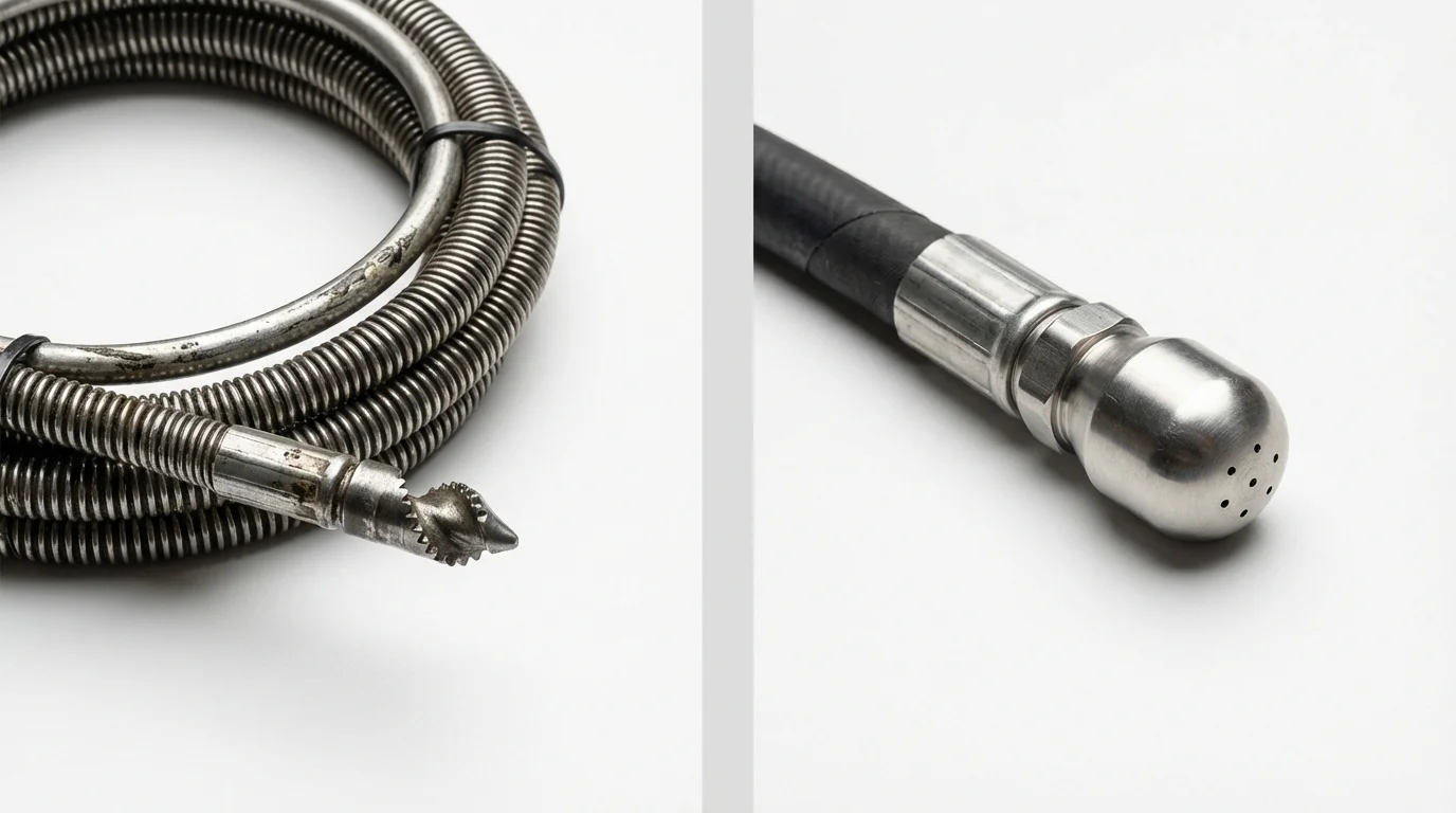 Drain snake cable and hydro jetting nozzle used for drain cleaning in Barnesville, OH