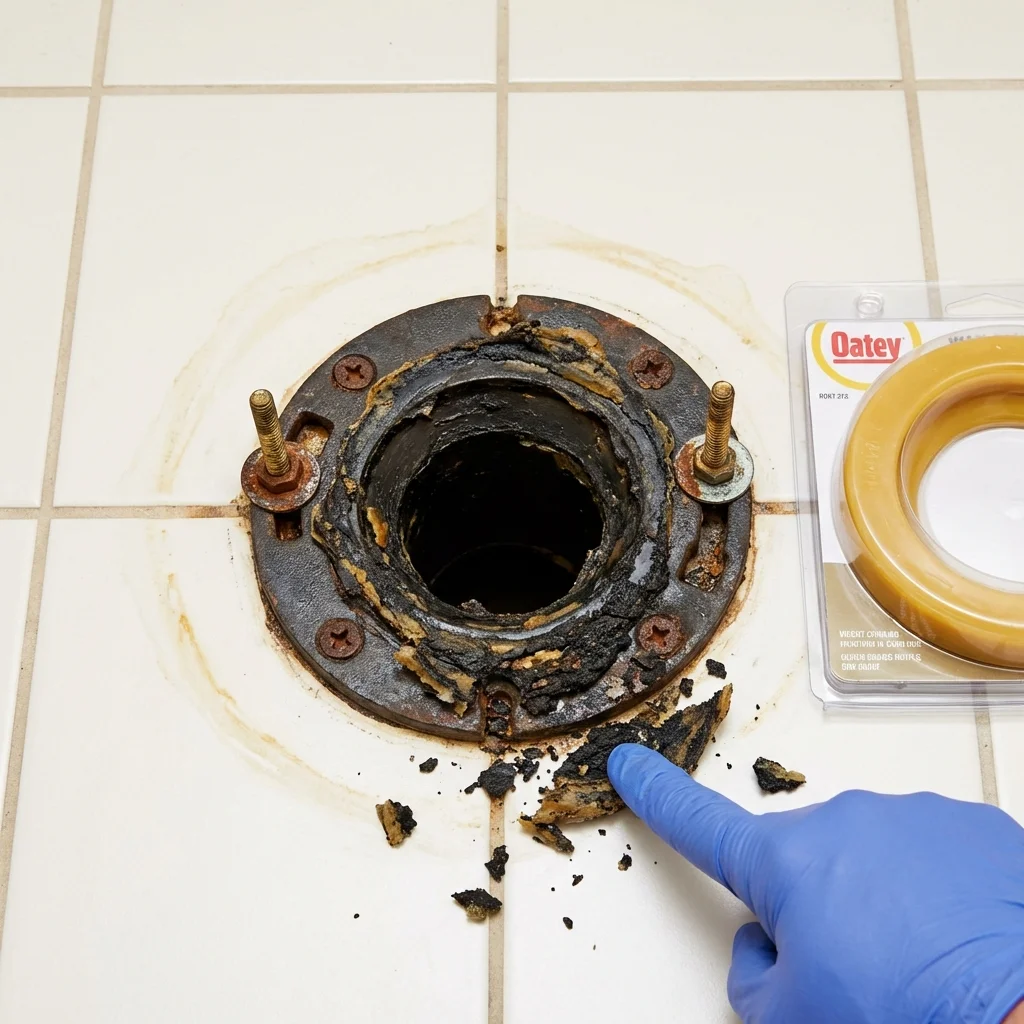 Failed wax ring showing water seepage at the base of a toilet in a Barnesville, OH home