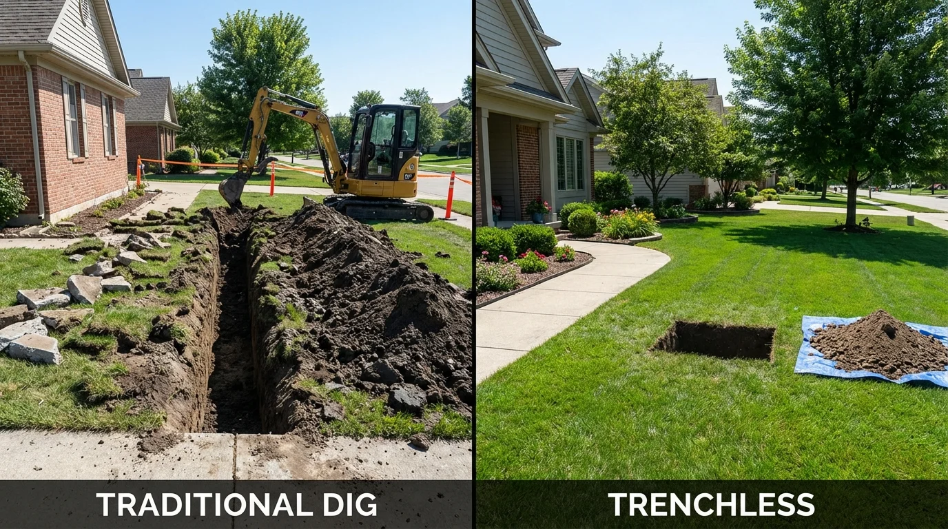 Trenchless sewer repair with minimal yard damage versus traditional excavation in Barnesville, OH