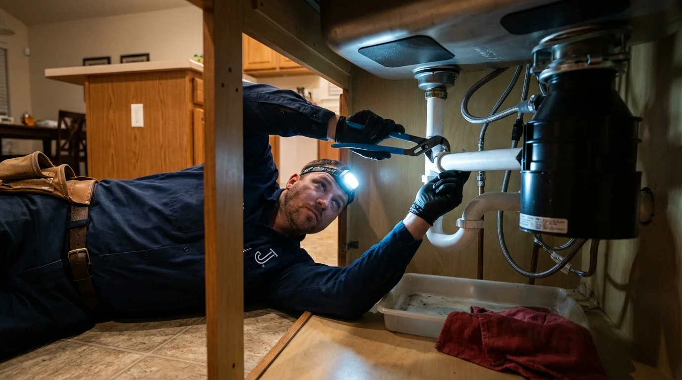 P-trap and supply line connections under a kitchen sink showing a common leak point in Barnesville, OH